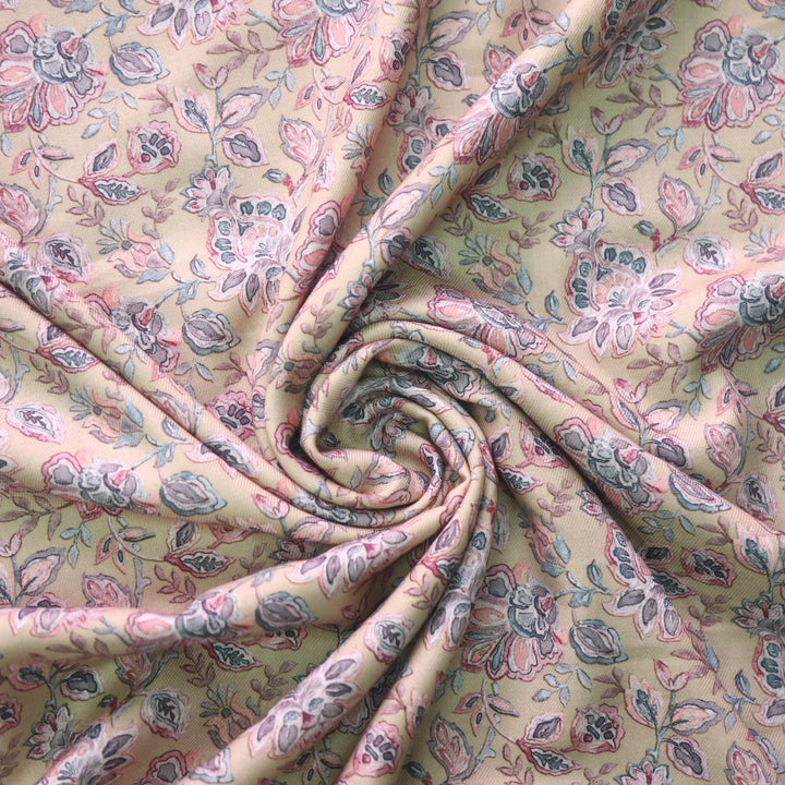 Humsafar Buttermilk Yellow Floral Printed Premium Semi Pashmina Fabric-2.5 Mtr