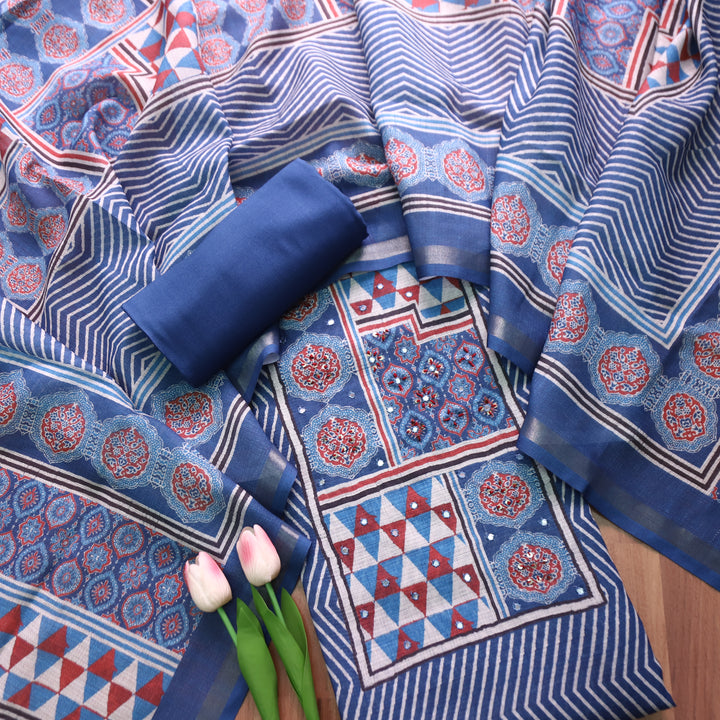 Mannat Faded Blue Digital Ajrak Print Cotton Chanderi Set D3