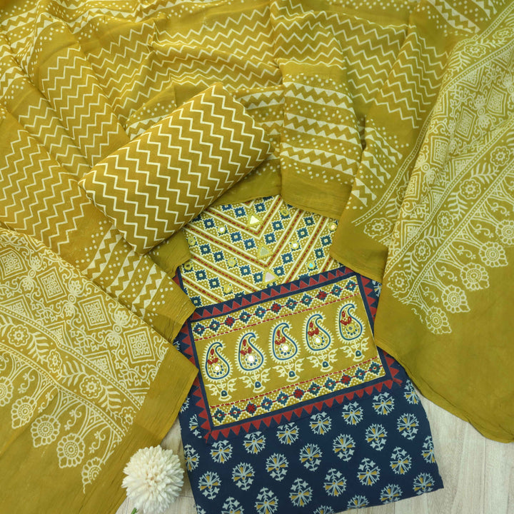 Maduni Azure Blue Mirror Work with Ajrak Printed Cotton Suit Set D4