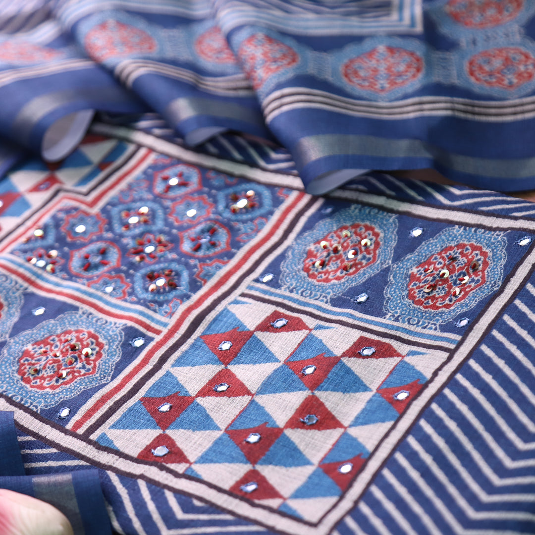 Mannat Faded Blue Digital Ajrak Print Cotton Chanderi Set D3