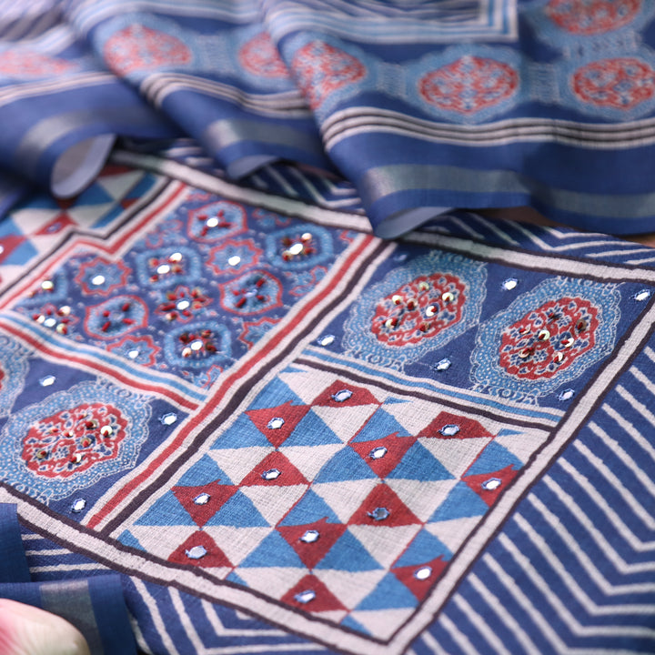 Mannat Faded Blue Digital Ajrak Print Cotton Chanderi Set D3