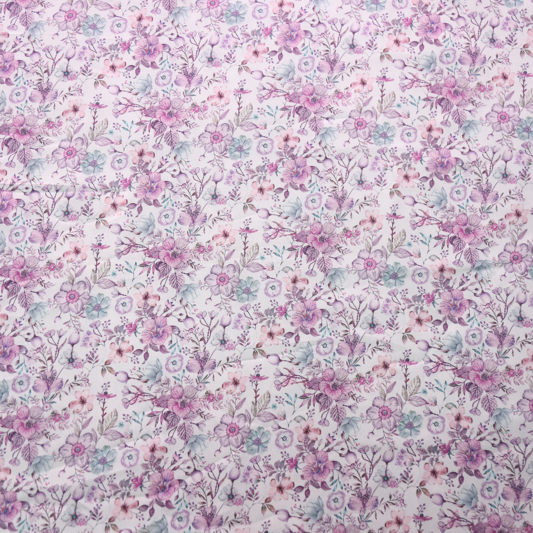 Rubiya White with Purple Floral Printed Premium Semi Pashmina Fabric-2.5 Mtr