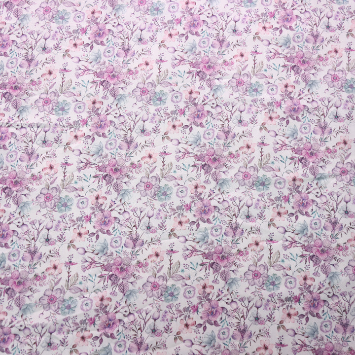 Rubiya White with Purple Floral Printed Premium Semi Pashmina Fabric-2.5 Mtr