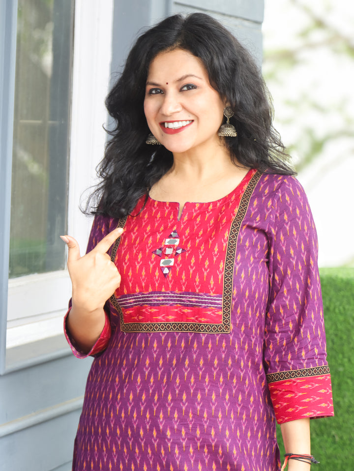 Kesariya Purple with Pink Yoke with Mirror Work Ikkat Printed Cotton Kurti