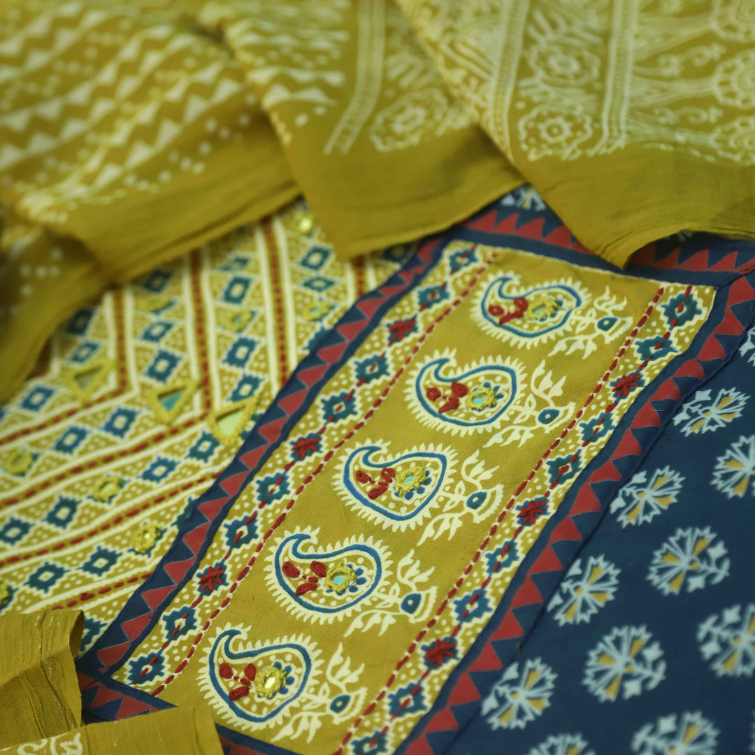 Maduni Azure Blue Mirror Work with Ajrak Printed Cotton Suit Set D4
