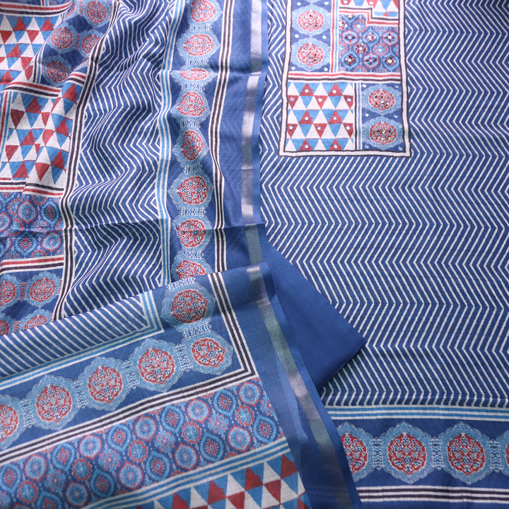 Mannat Faded Blue Digital Ajrak Print Cotton Chanderi Set D3