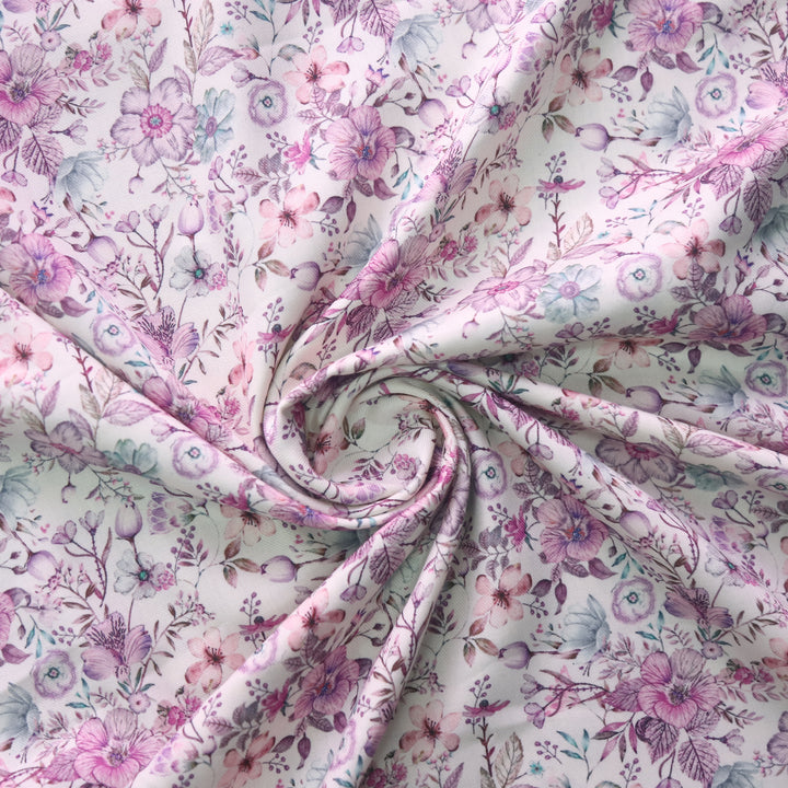 Rubiya White with Purple Floral Printed Premium Semi Pashmina Fabric-2.5 Mtr