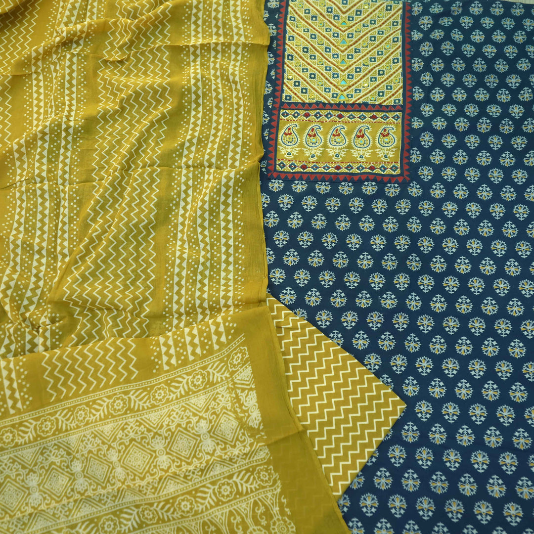 Maduni Azure Blue Mirror Work with Ajrak Printed Cotton Suit Set D4