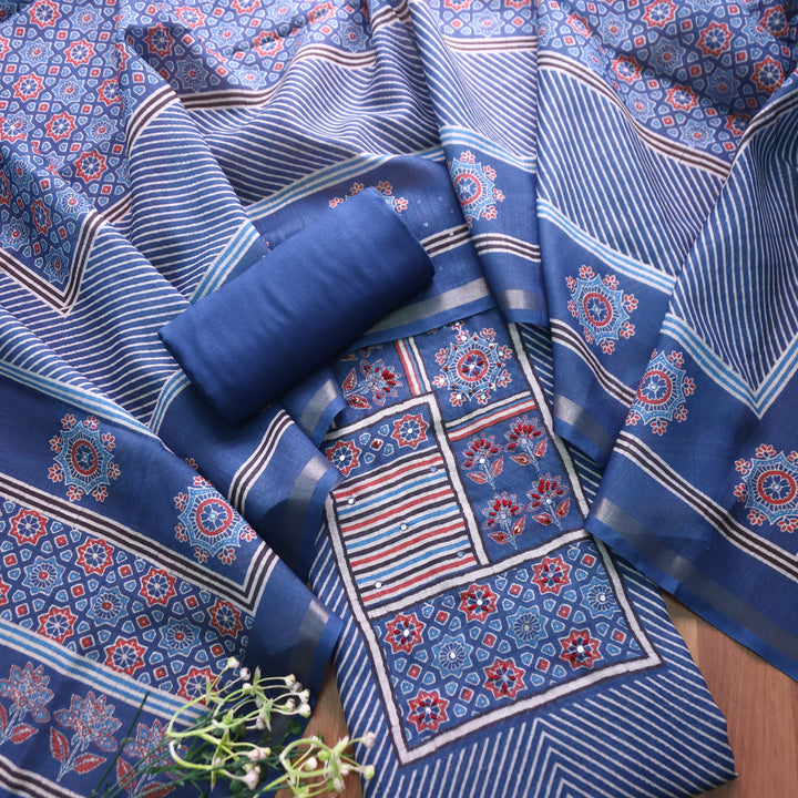 Mannat Faded Blue Digital Ajrak Print Cotton Chanderi Set D4