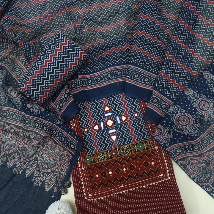 Ruhani Merlot Red Cotton Top with Printed Dupatta
