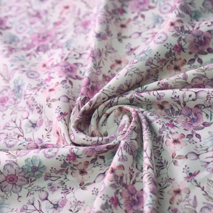 Rubiya White with Purple Floral Printed Premium Semi Pashmina Fabric-2.5 Mtr