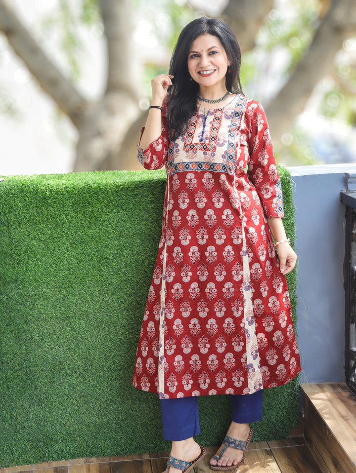 Daisy Maroon Red Kali Style Cotton Kurti