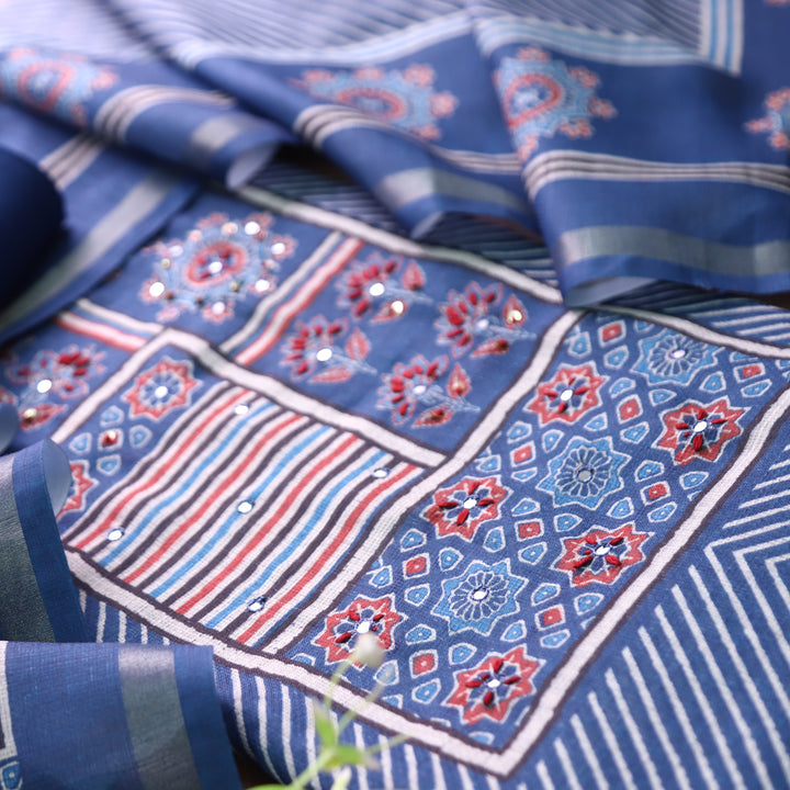 Mannat Faded Blue Digital Ajrak Print Cotton Chanderi Set D4