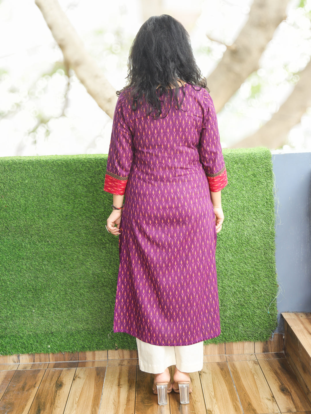 Kesariya Purple with Pink Yoke with Mirror Work Ikkat Printed Cotton Kurti