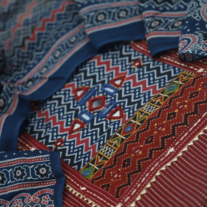 Ruhani Merlot Red Cotton Top with Printed Dupatta