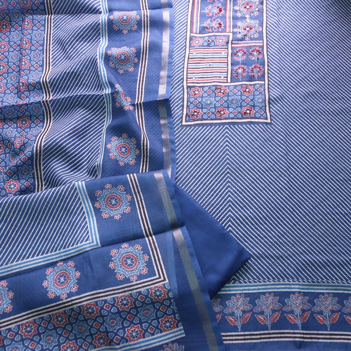 Mannat Faded Blue Digital Ajrak Print Cotton Chanderi Set D4