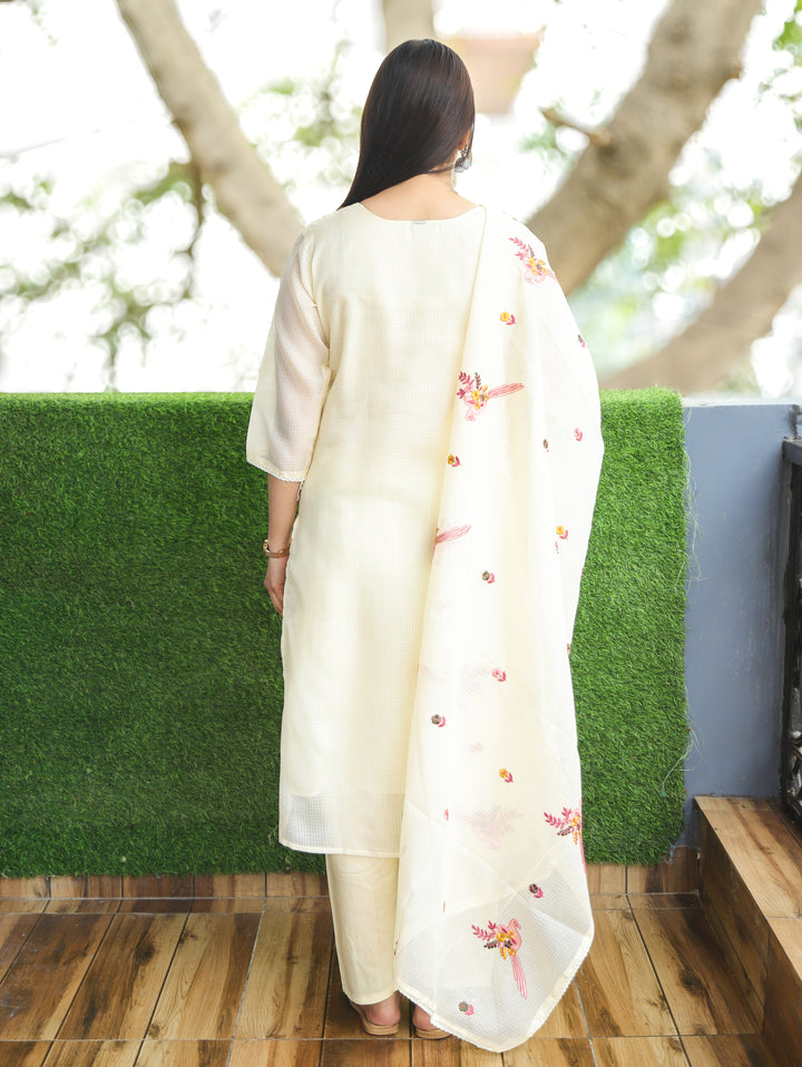 Madhavi Butter Yellow All Over Embroidered Work with V Neck Kota Doriya 3 Piece Set