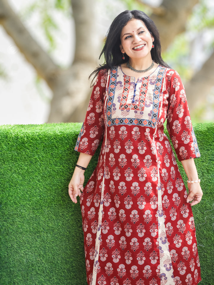 Daisy Maroon Red Kali Style Cotton Kurti