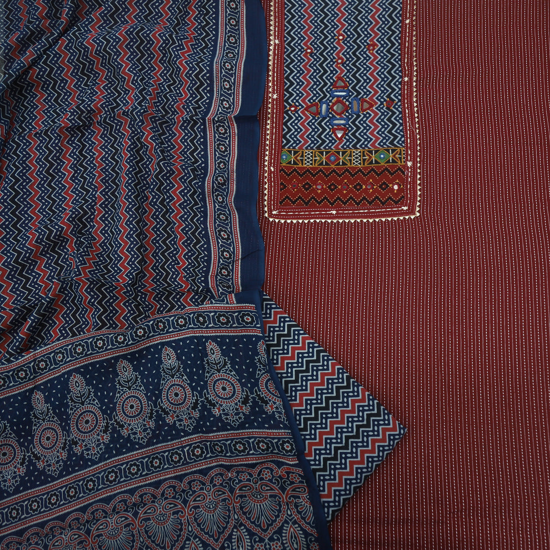 Ruhani Merlot Red Cotton Top with Printed Dupatta