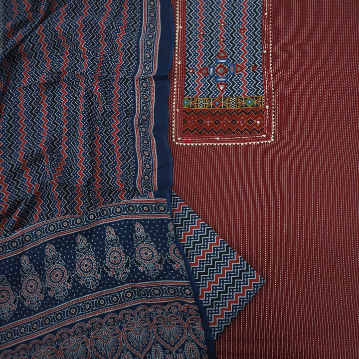 Ruhani Merlot Red Cotton Top with Printed Dupatta
