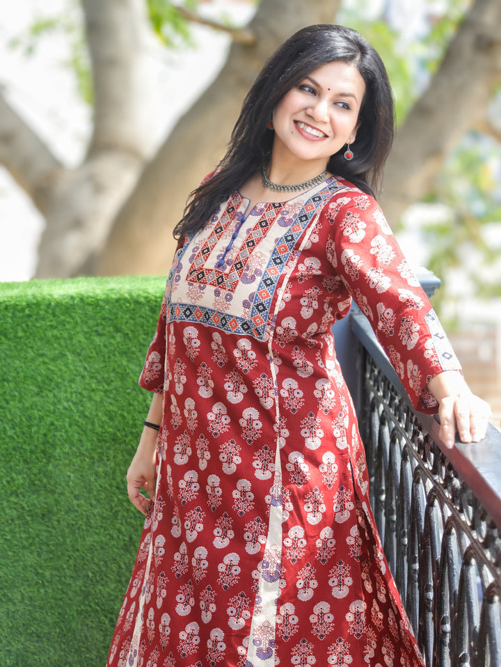 Daisy Maroon Red Kali Style Cotton Kurti