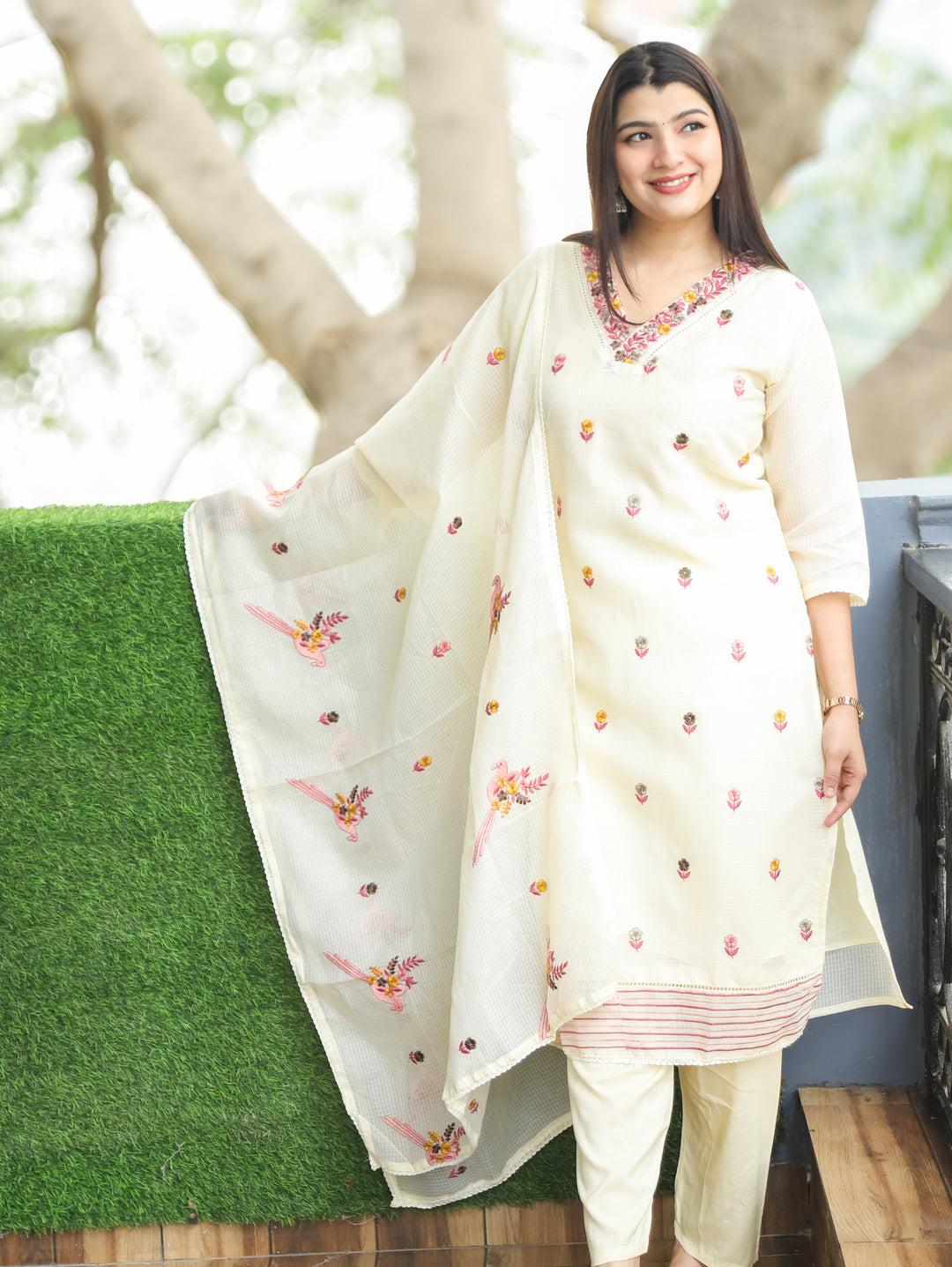 Madhavi Butter Yellow All Over Embroidered Work with V Neck Kota Doriya 3 Piece Set