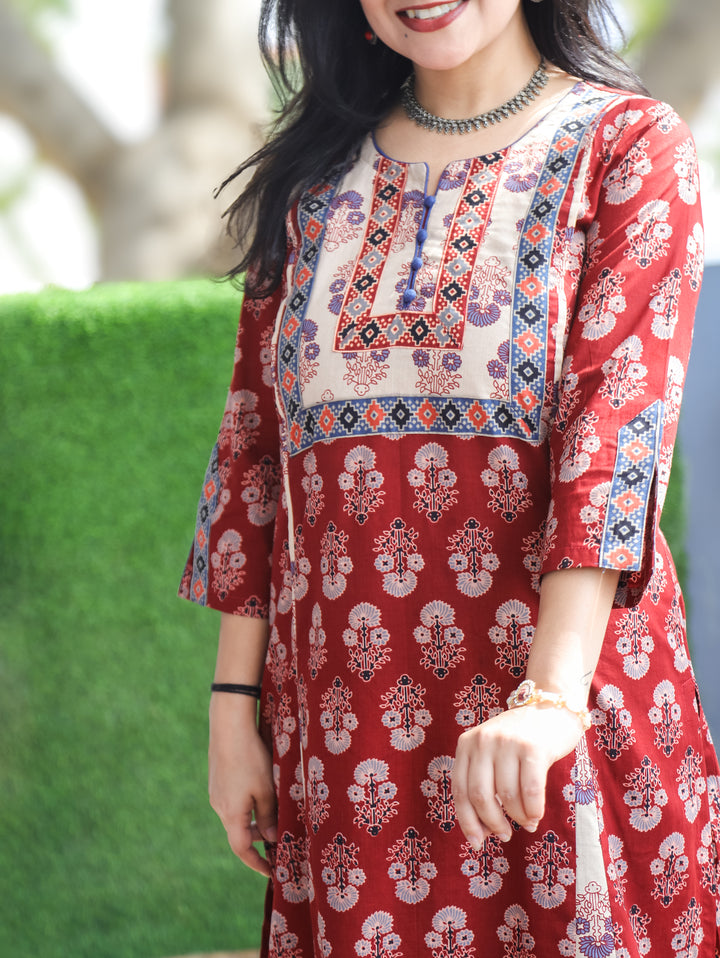 Daisy Maroon Red Kali Style Cotton Kurti