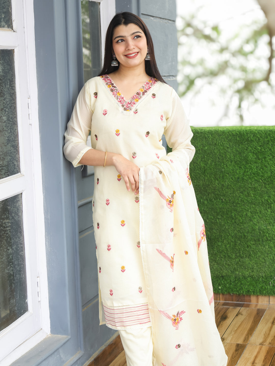 Madhavi Butter Yellow All Over Embroidered Work with V Neck Kota Doriya 3 Piece Set