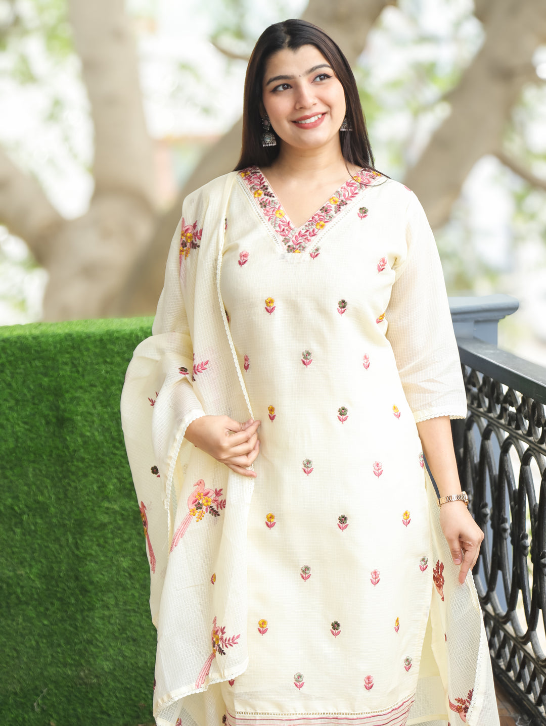 Madhavi Butter Yellow All Over Embroidered Work with V Neck Kota Doriya 3 Piece Set