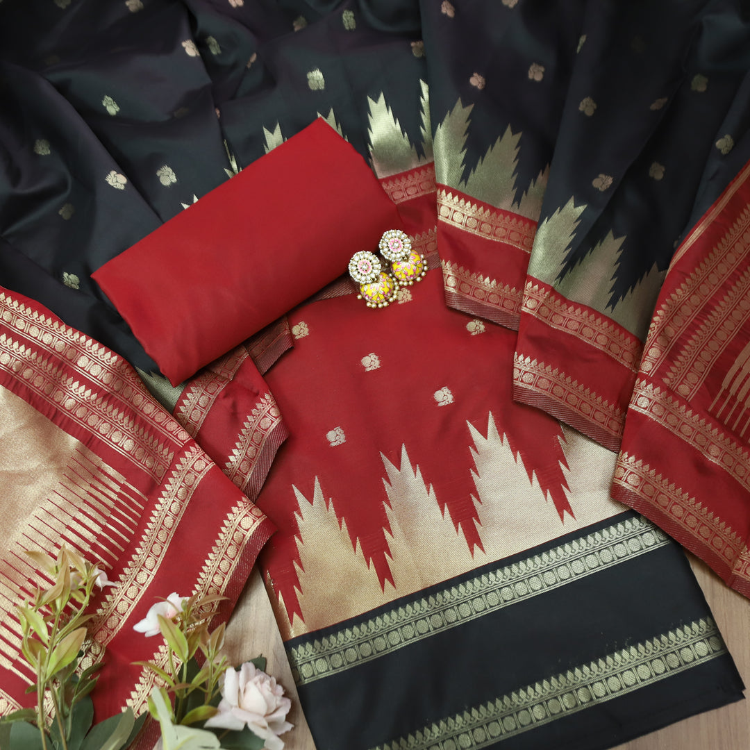 Bhanushi Maroon Red Brocade Woven Hem Banarasi Silk Set