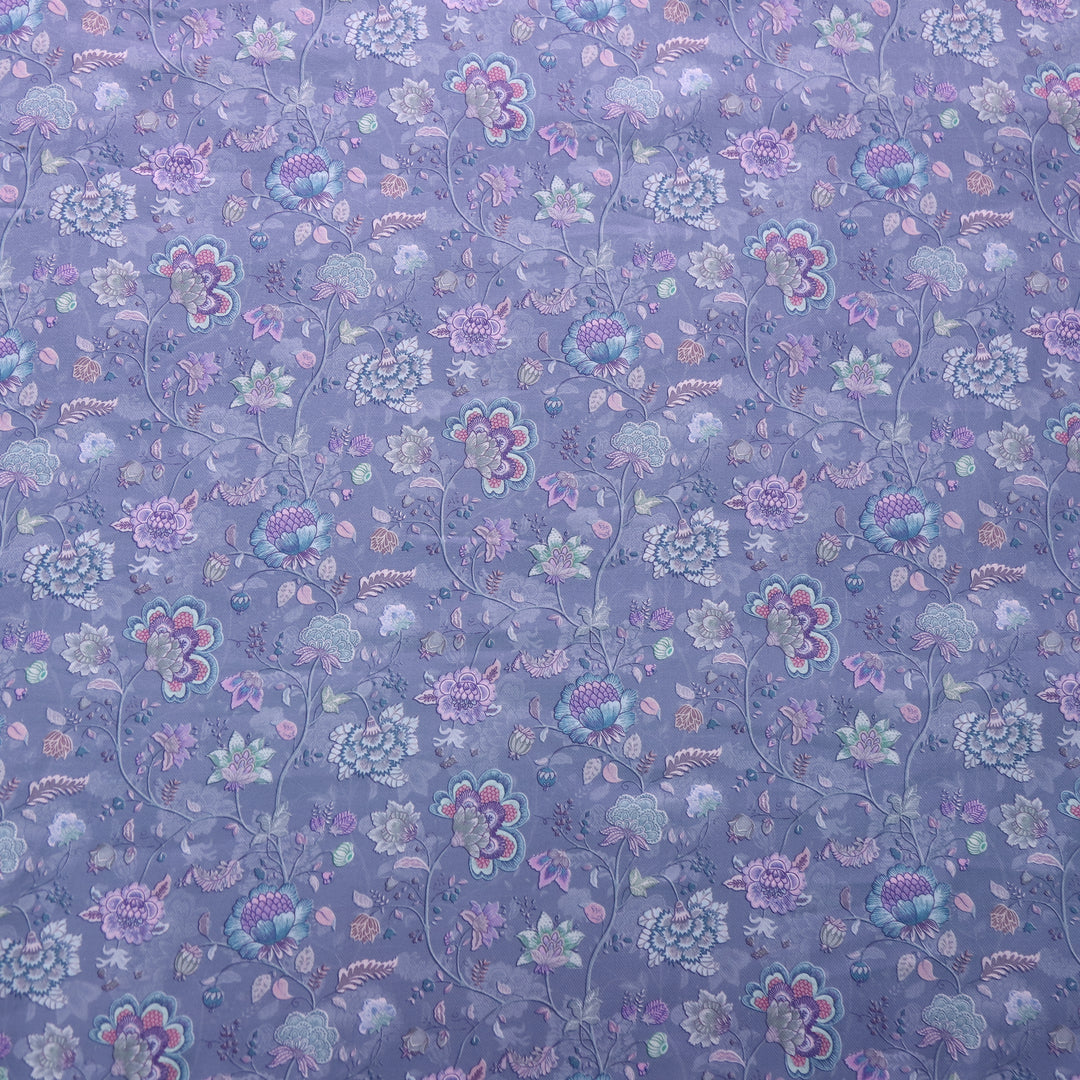 Humsafar Dusty Periwinkle Floral Printed Premium Semi Pashmina Fabric-2.5 Mtr