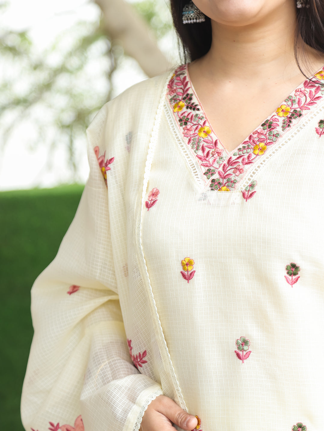 Madhavi Butter Yellow All Over Embroidered Work with V Neck Kota Doriya 3 Piece Set