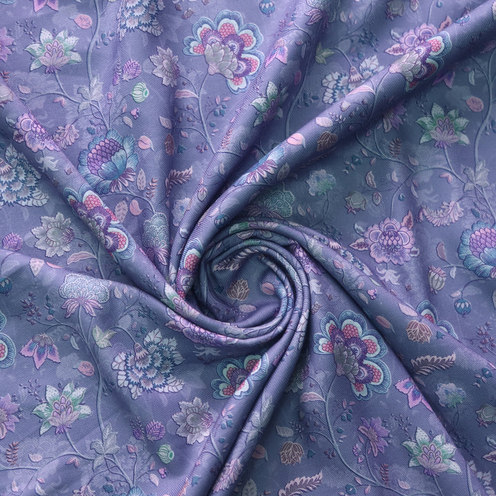 Humsafar Dusty Periwinkle Floral Printed Premium Semi Pashmina Fabric-2.5 Mtr