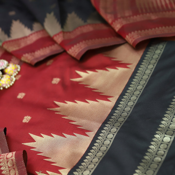 Bhanushi Maroon Red Brocade Woven Hem Banarasi Silk Set