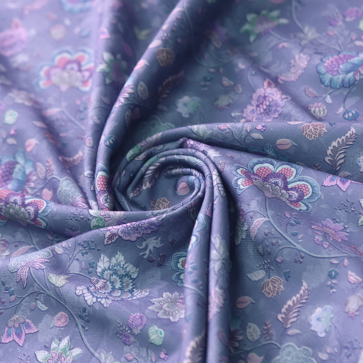 Humsafar Dusty Periwinkle Floral Printed Premium Semi Pashmina Fabric-2.5 Mtr