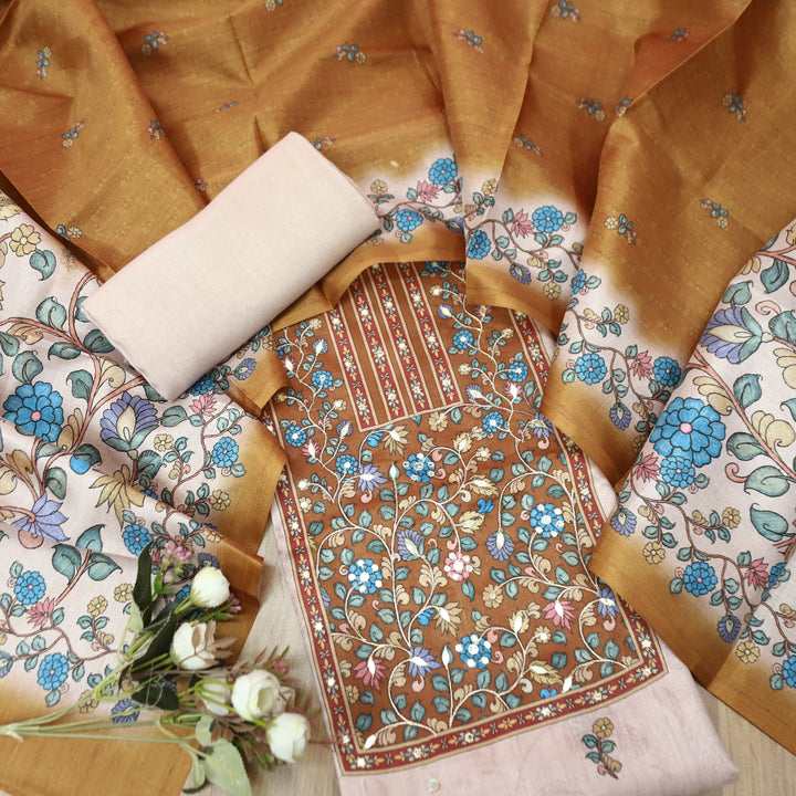 Subharam Skin Beige Kalamkari Printed Yoke with Zari Work Printed Art Silk Chanderi Set
