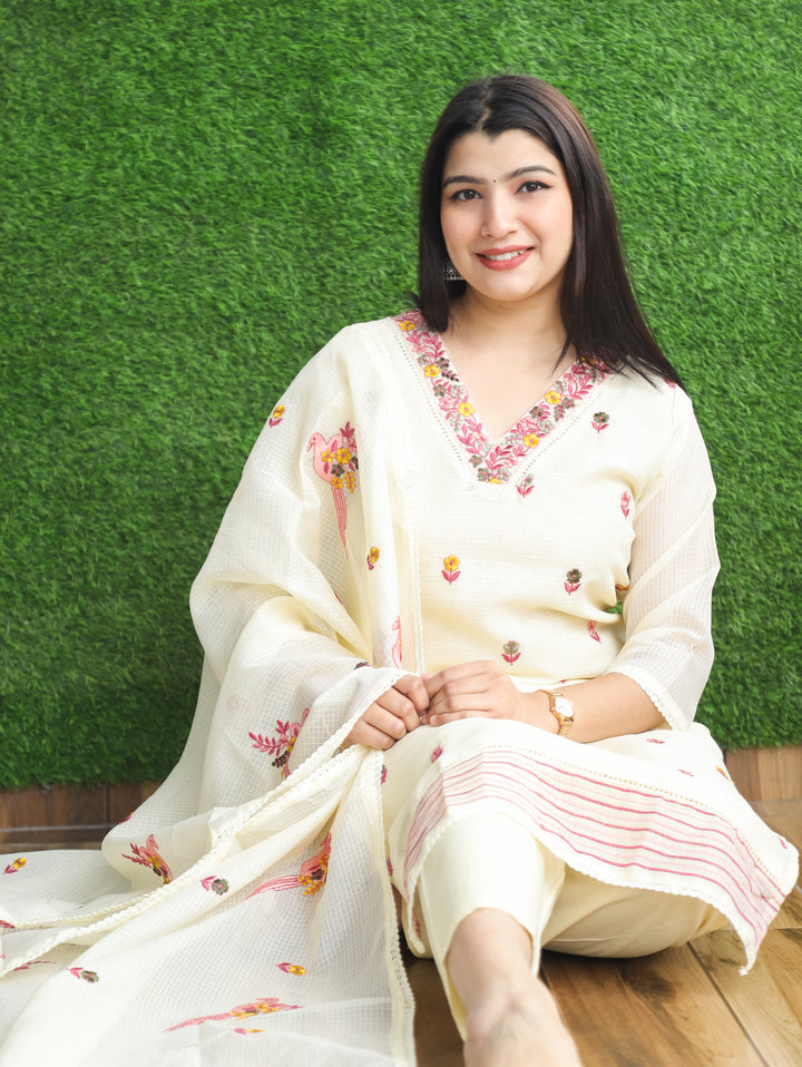 Madhavi Butter Yellow All Over Embroidered Work with V Neck Kota Doriya 3 Piece Set