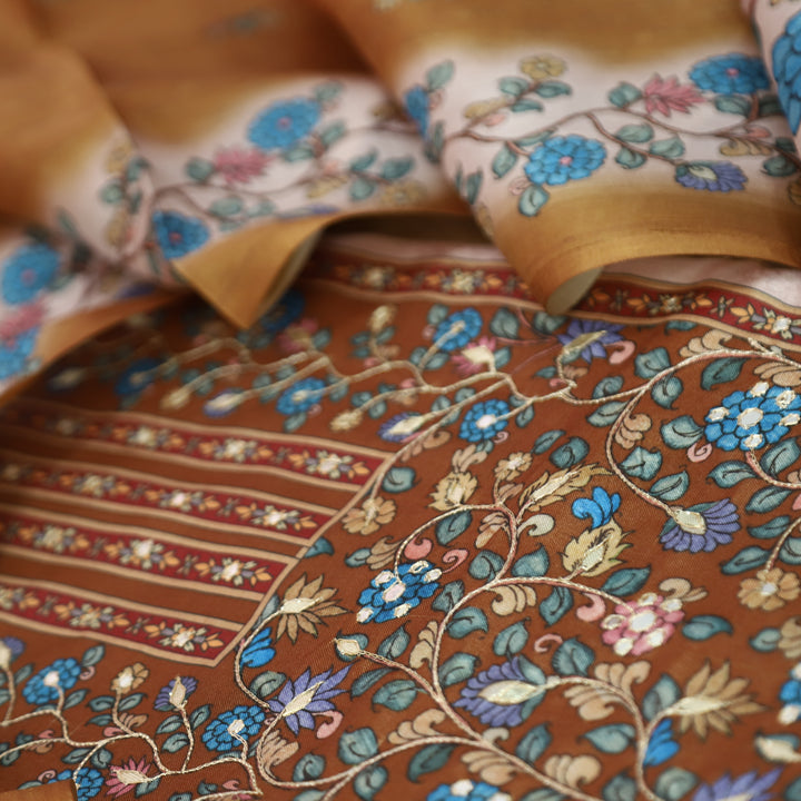 Subharam Skin Beige Kalamkari Printed Yoke with Zari Work Printed Art Silk Chanderi Set