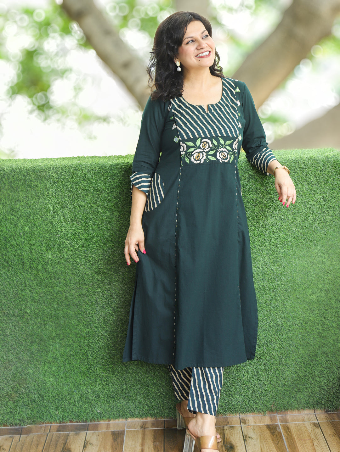 Ruhani Green Embroidered Panel Style Cotton 2 Piece Set