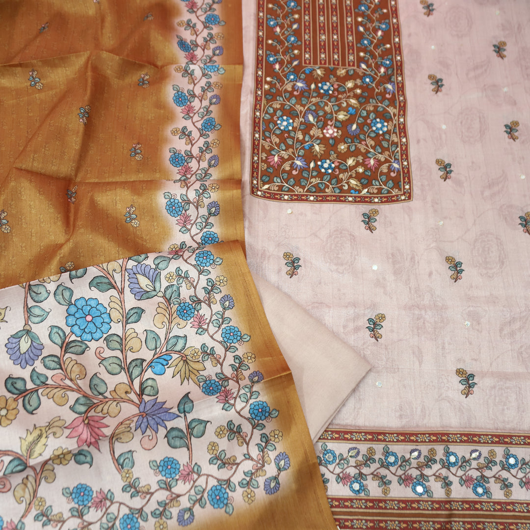 Subharam Skin Beige Kalamkari Printed Yoke with Zari Work Printed Art Silk Chanderi Set