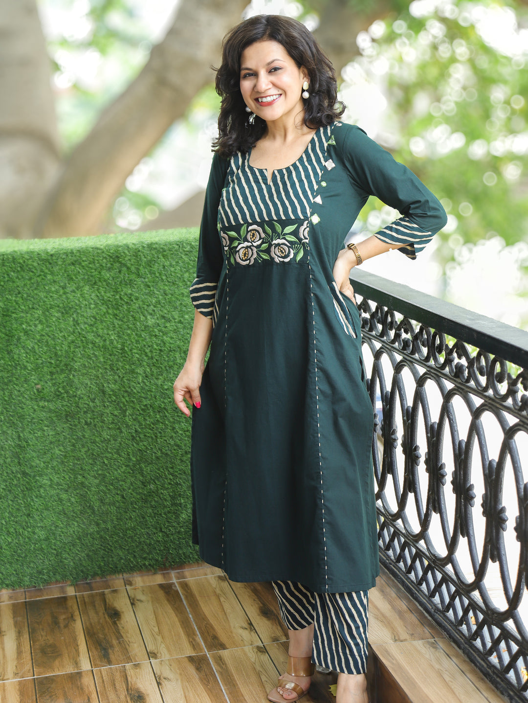 Ruhani Green Embroidered Panel Style Cotton 2 Piece Set