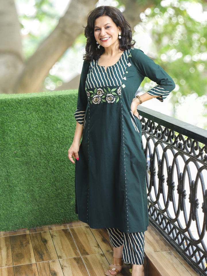 Ruhani Green Embroidered Panel Style Cotton 2 Piece Set
