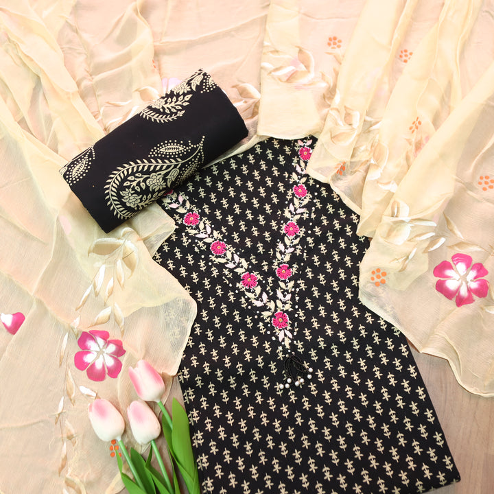 Musavvir Coal Black V Neck with Thread Work in Floral Printed Cotton Suit Set