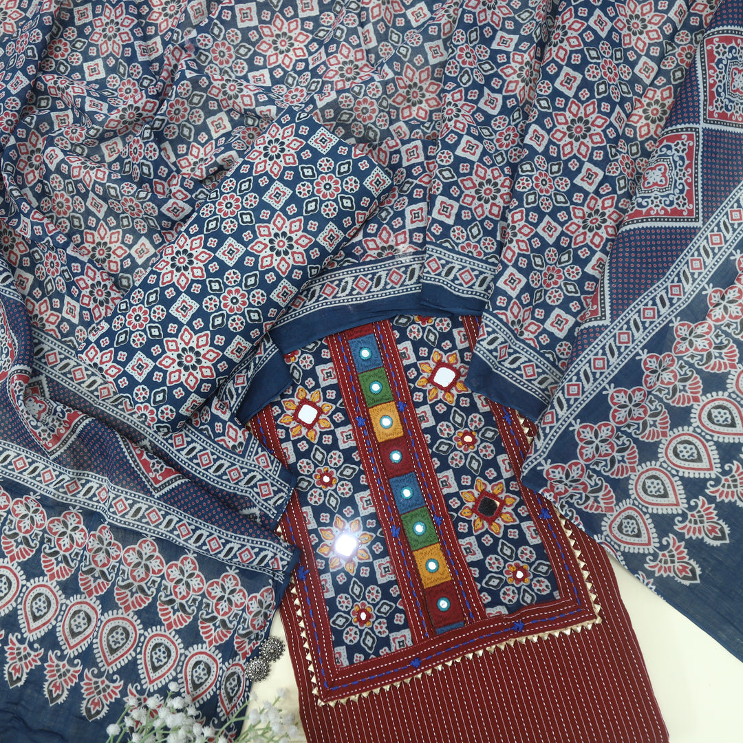 Ruhani Wine Red Kantha Work Cotton Top with Printed Dupatta