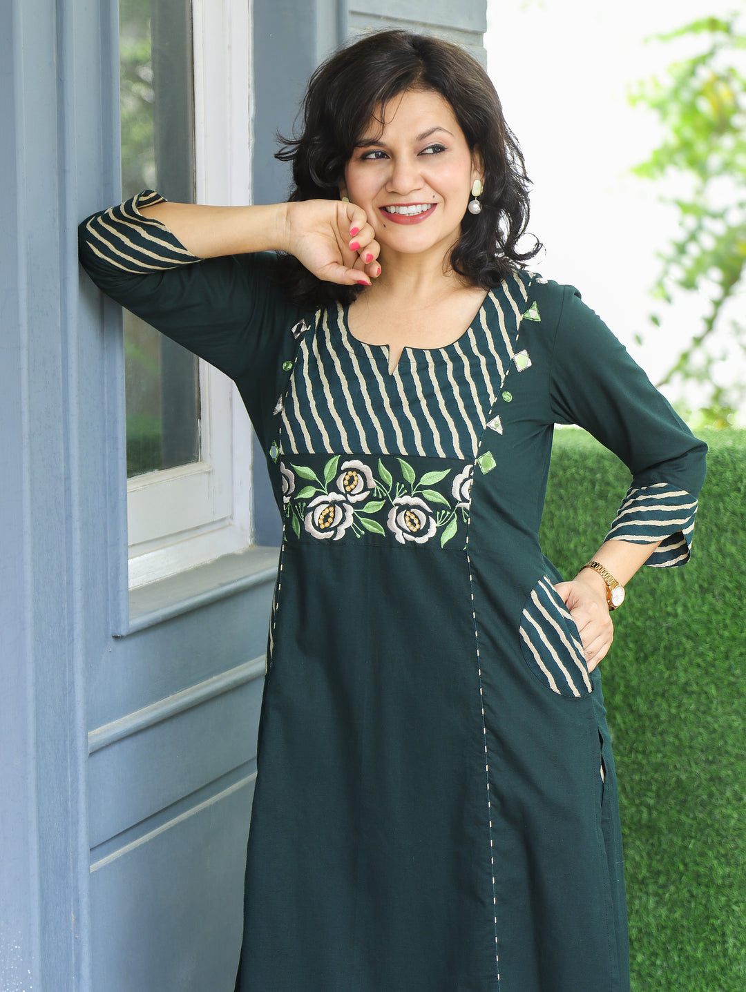 Ruhani Green Embroidered Panel Style Cotton 2 Piece Set