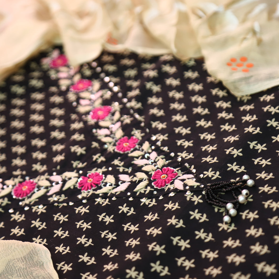 Musavvir Coal Black V Neck with Thread Work in Floral Printed Cotton Suit Set