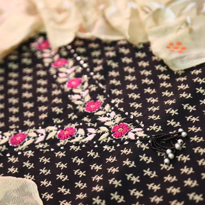Musavvir Coal Black V Neck with Thread Work in Floral Printed Cotton Suit Set