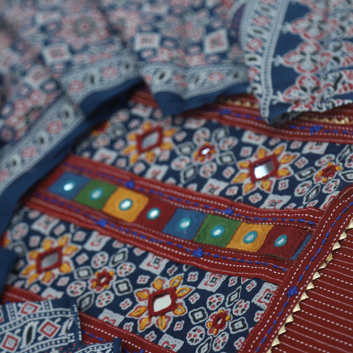 Ruhani Wine Red Kantha Work Cotton Top with Printed Dupatta