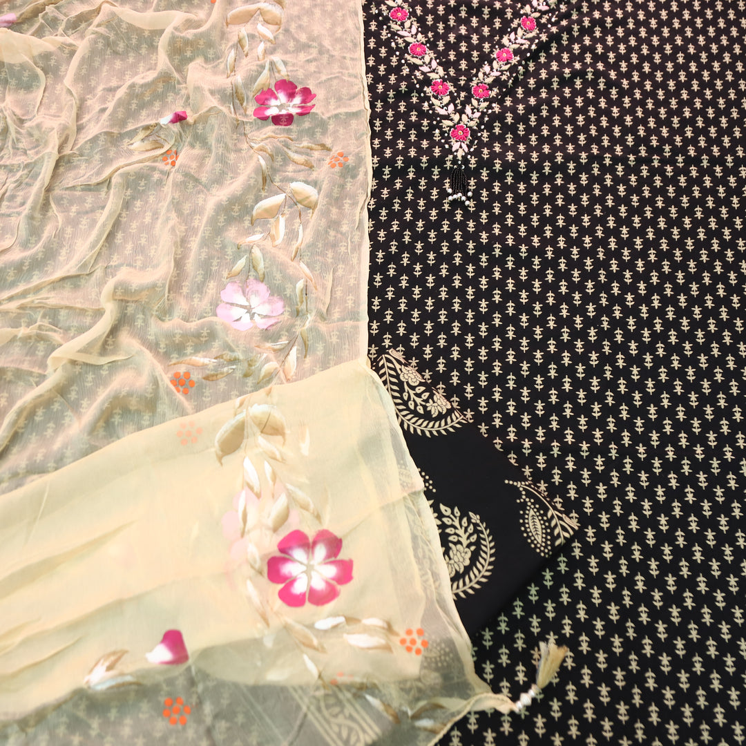Musavvir Coal Black V Neck with Thread Work in Floral Printed Cotton Suit Set