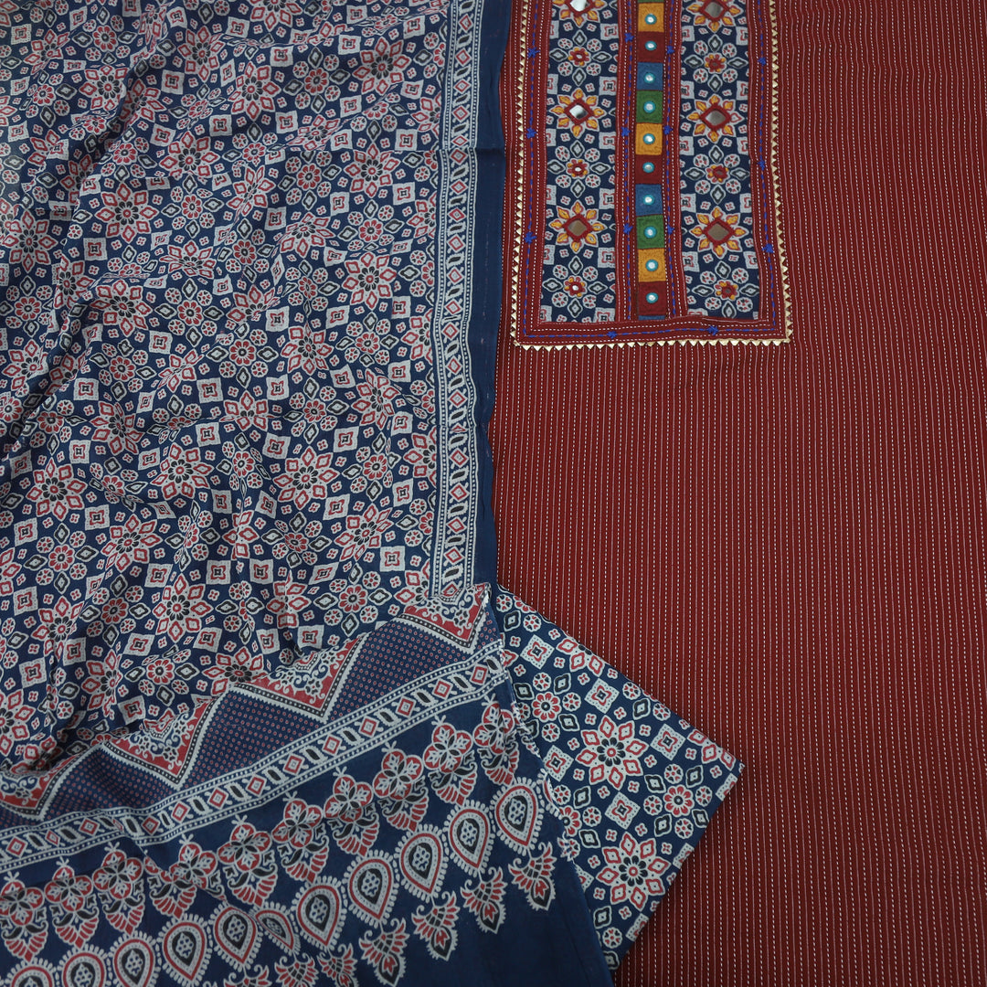 Ruhani Wine Red Kantha Work Cotton Top with Printed Dupatta